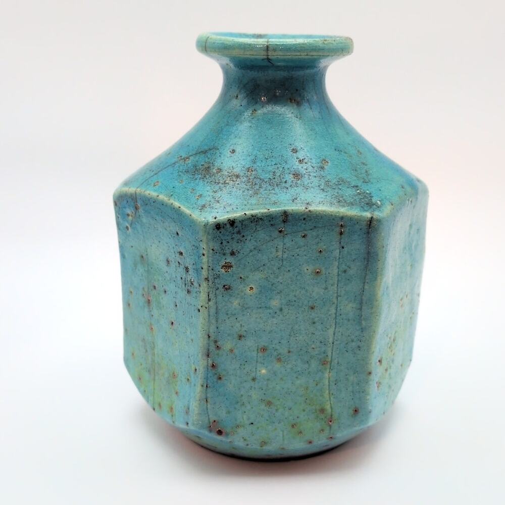 Robert Compton Studio Raku Pottery Small Blue Vase 1991 Vintage Signed - 4.5in